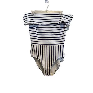 Solid & Striped One Piece Swimsuit Blue/White Striped Large Hi‎ Cut